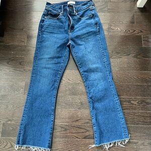 LOFT Curvy Destructed Hem High Rise Kick Crop Jeans In Clean Dark Wash, Size 27